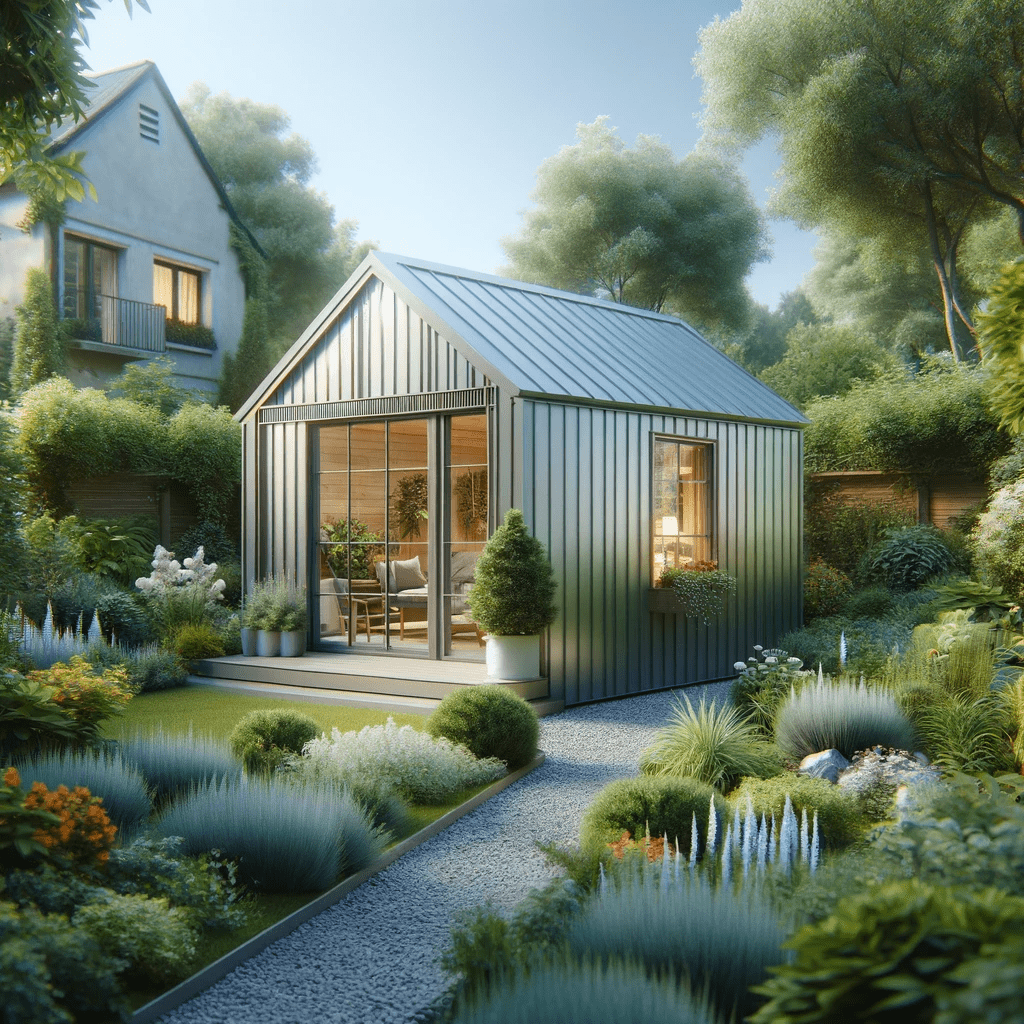 Ein Gartenhaus im Garten aus Aluminium
